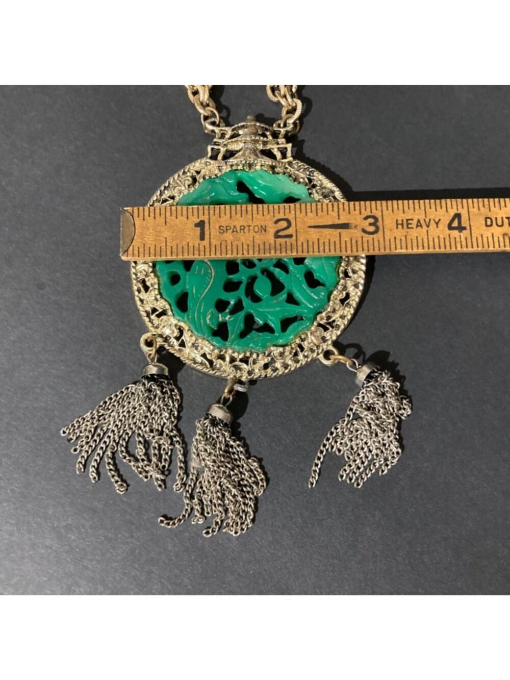 Carved Bird Faux Jade Large Medallion Pendant Necklace With Tassels 1960s - Picture 6 of 6